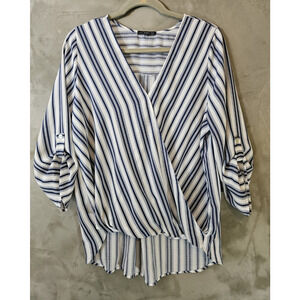 West Kei White and Blue Striped Surplice Blouse